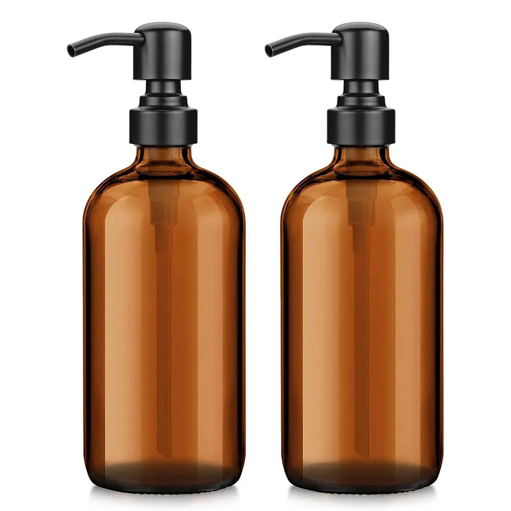 Amber Glass Soap Dispenser with Black Pump, Liquid Hand Soap Dispenser for Bathroom, Kitchen Dish Soap Dispenser, 16Oz 500ml view 2