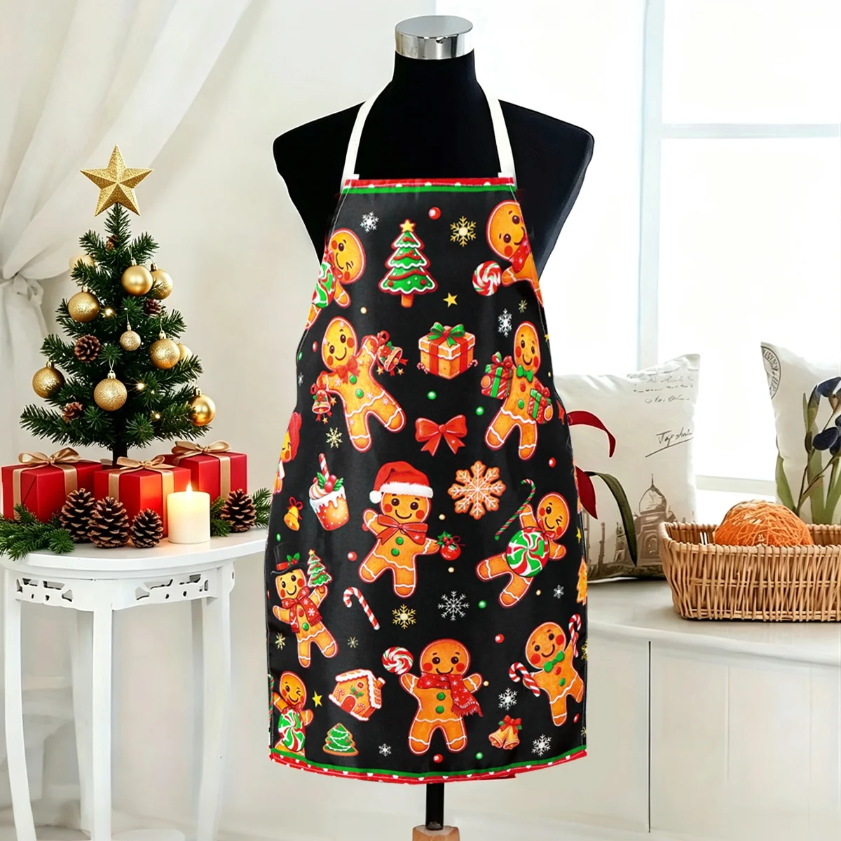 Schwarze Weihnachtsschürze mit Lebkuchenmann-Design aus Polyester, Dekorative Schürze für Weihnachten, Küche & Restaurant, Festliches Geschenk