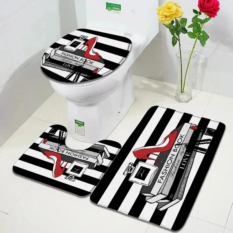 

IJH36Розовый парфюмерный коврик для ванной, набор черно-белых полосок, модный ковер на высоком каблуке для женщин и девочек, домашний ковер, декор для ванной комнаты, нескользящий коврик Toil2Mh $