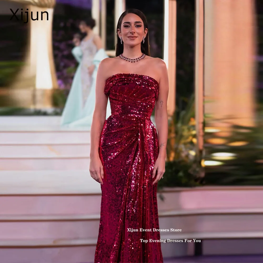 

Xijun Sparkly Sequined Long Evening Dresses Strapless Mermaid Formal Prom Dresses Sleeveless Pleated Prom Gowns 2026 Customized