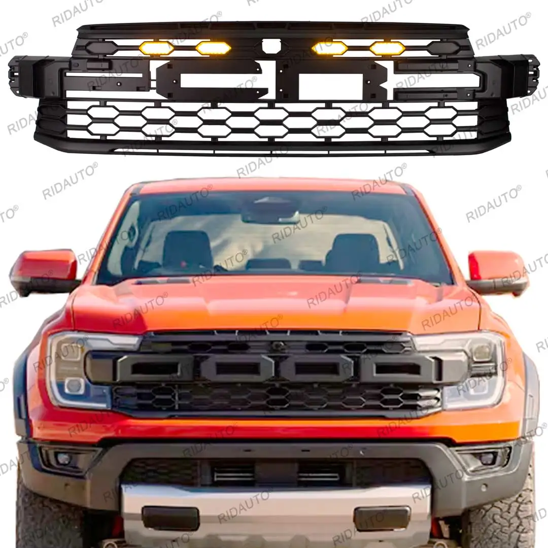 Raptor Aftermarket-Kühlergrill für FORD RANGER RAPTOR 2023 2024 2025 T9, schwarzer Stil-Frontgrill, Ersatz mit weißer bernsteinfarbener LED