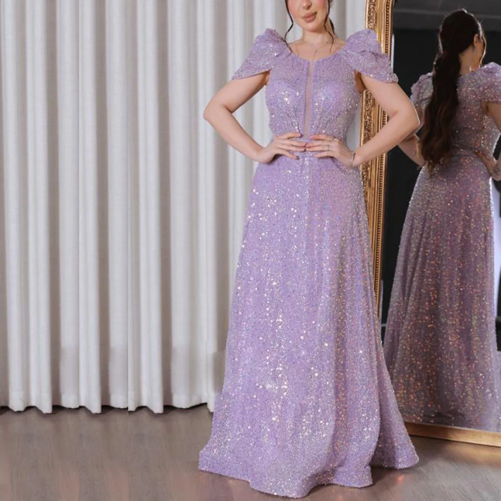 맞춤형 라일락 스팽글 프롬 드레스 2025 O넥 캡 슬리브 맥시 드레스 여성용 A라인 바닥 길이 웨딩 파티 가운