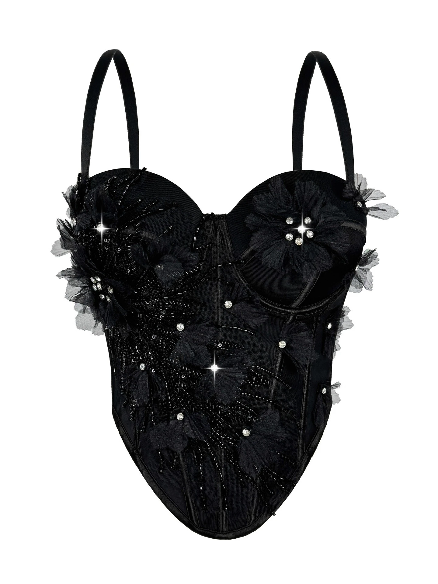 SsTss Corsetto di lusso con applicazioni floreali 3D Top Elegante dettaglio strass da donna Cinturino regolabile Senza maniche Bustier disossato Camis