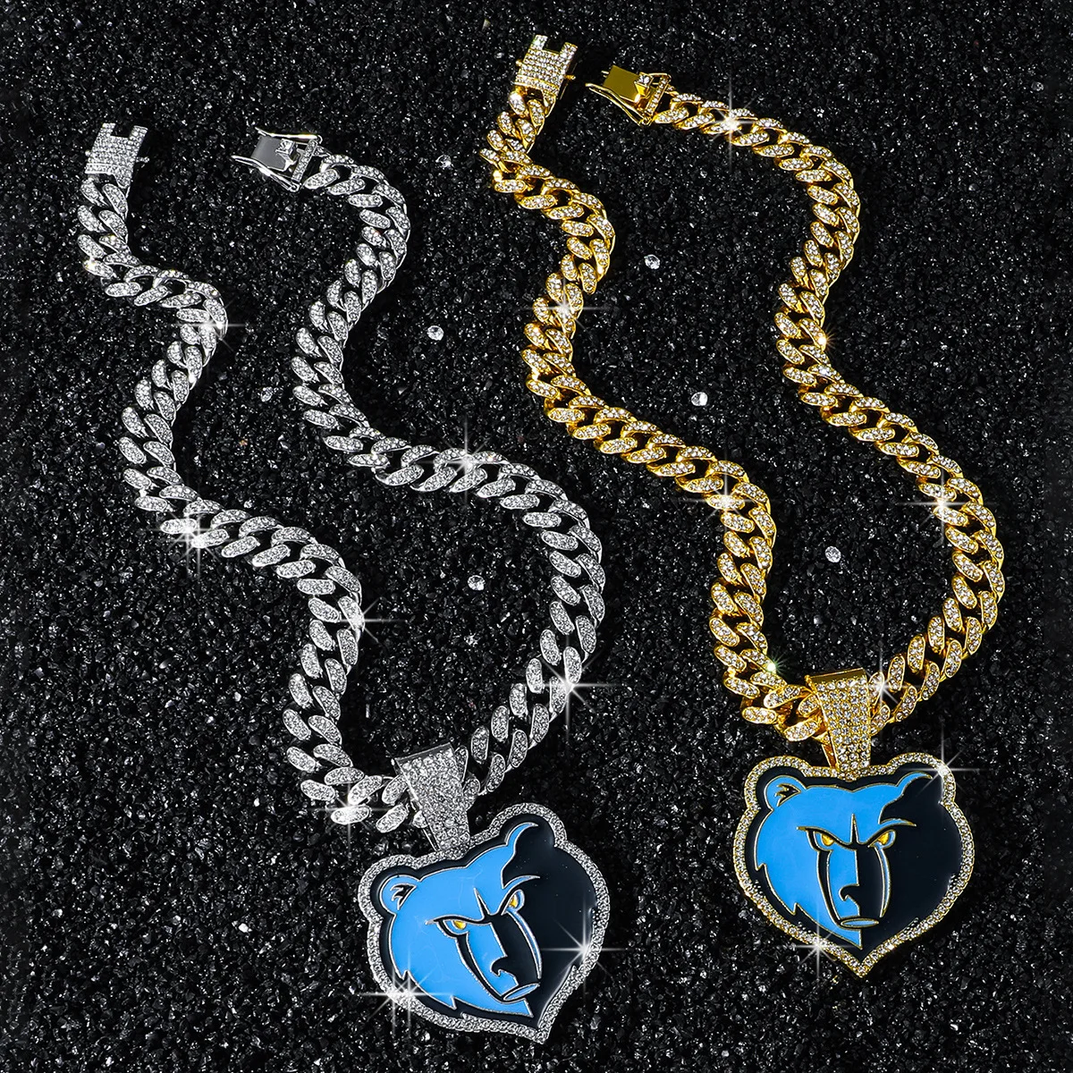 Men's Hip-Hop Personality Fashion Animal Bear Basketball Team Logo Pendant Necklace Ice Chain