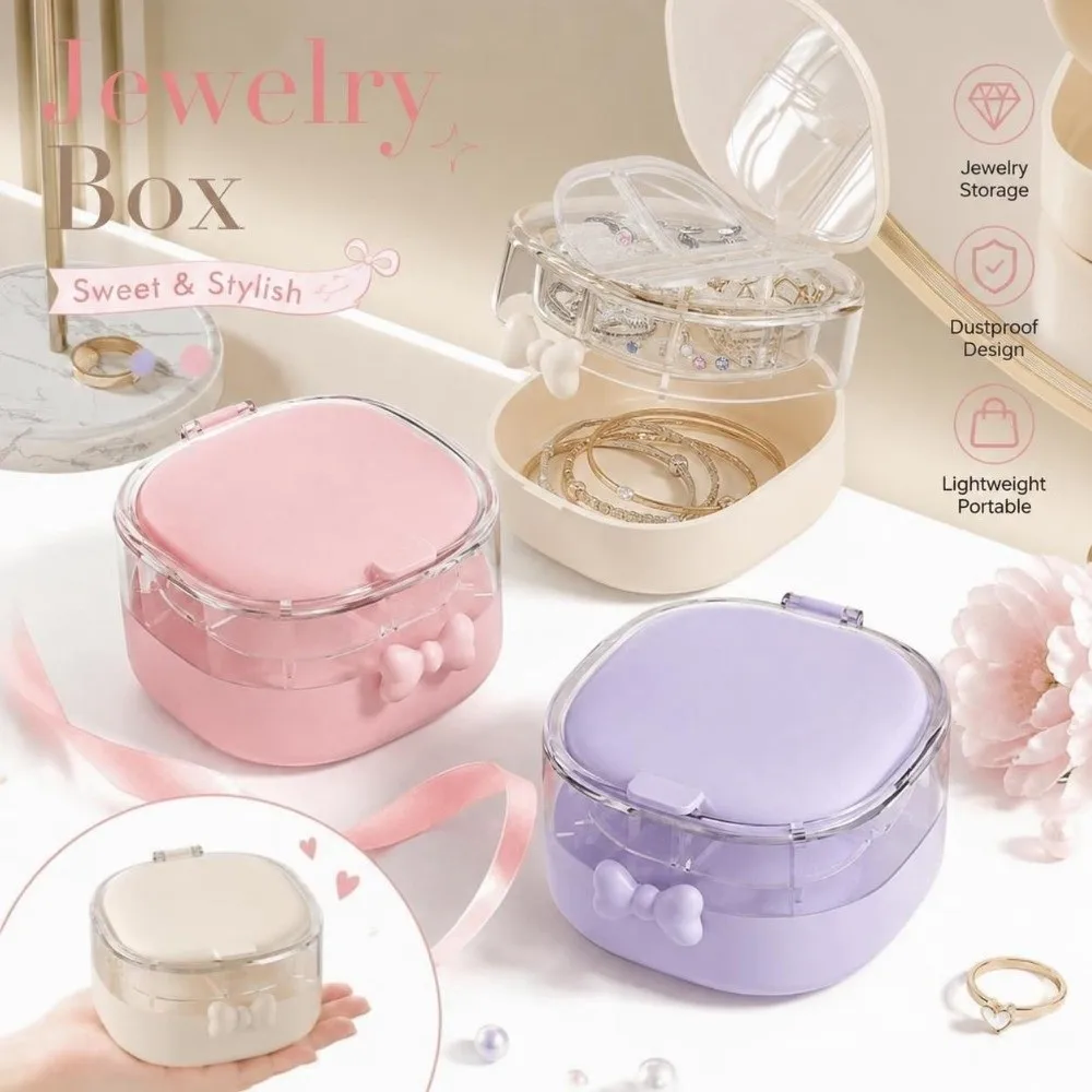 Plastic Jewelry Box Double Layer with Mirror Jewelry Storage Box 4 Compartments Dustproof Waterproof Earring Organizer
