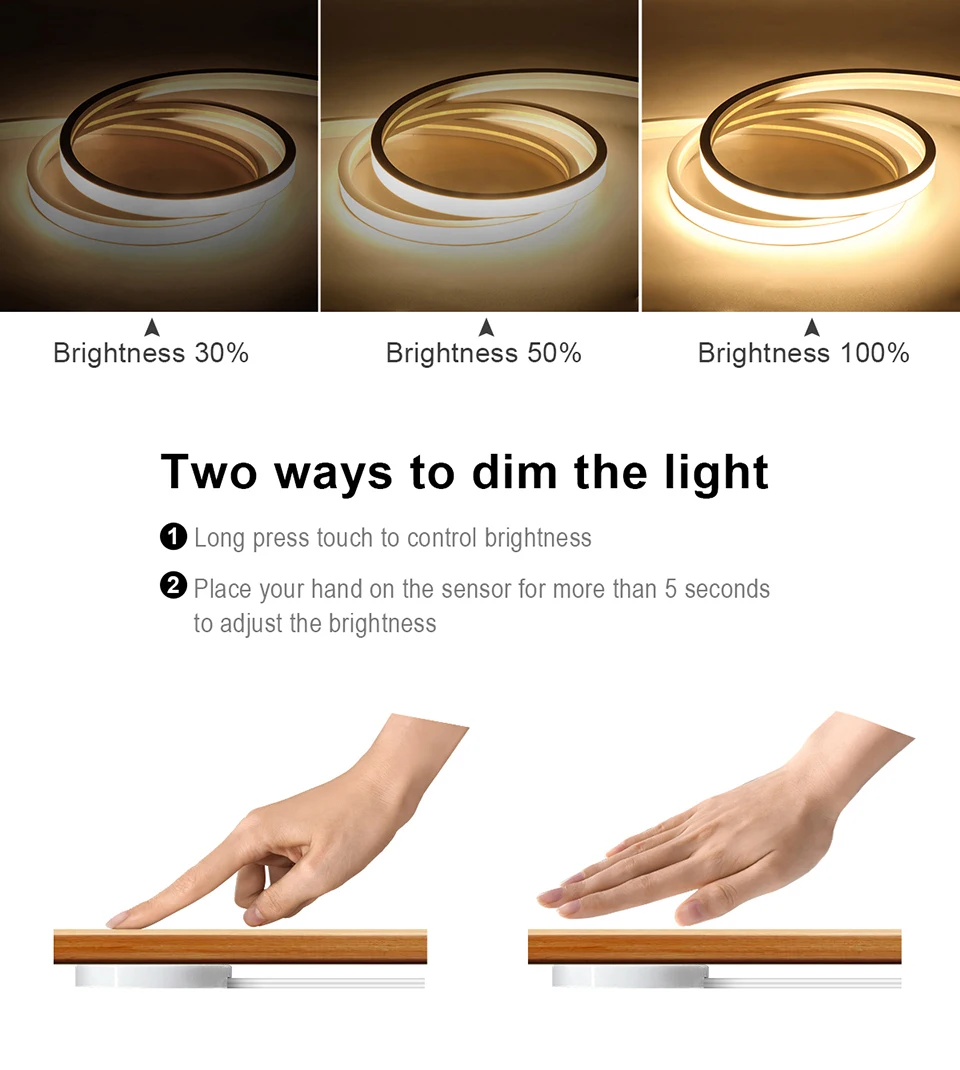 Dimmbare LED-Unterschrankleuchte, COB-Streifen, 24 V, Neonband, Küchen-Schranklampe mit durchdringbarem Holzspiegel, Berührungssensorschalter – Detail 5