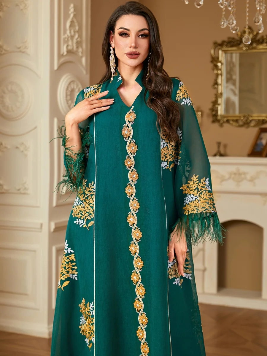 Siskakia Dubai Blumenstickerei Abayas Muslim Mesh Federn Kleid Modest Kleider für Frauen Abend