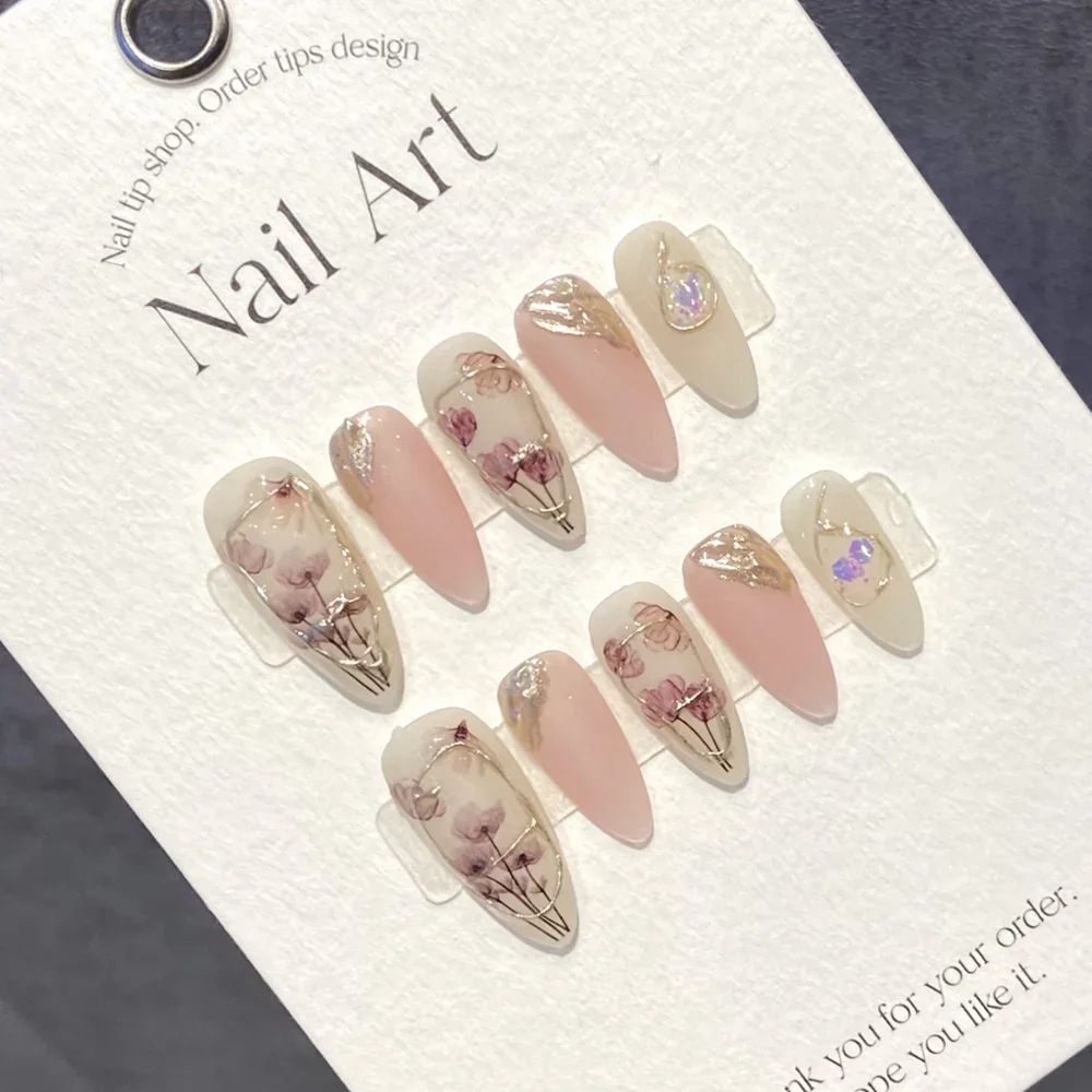 

Handmade Almond Press on Nails Korean Hand Paint Reusable Adhesive False Nails with Design Acrylic Artificial Manicure for Girls