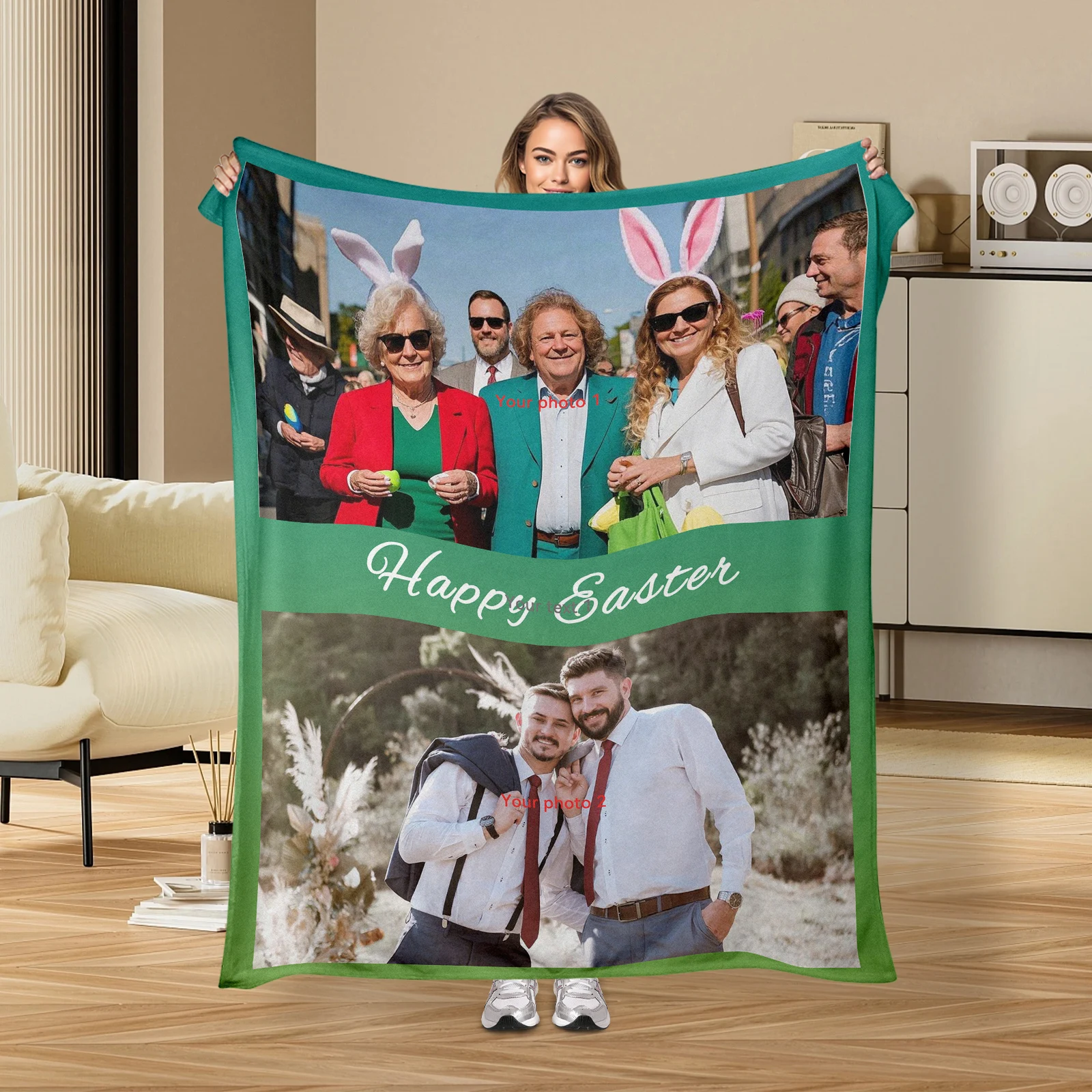 Innovative Easter Flannel Blanket Offering Two Custom Images And One Personalized Text For Loved Ones