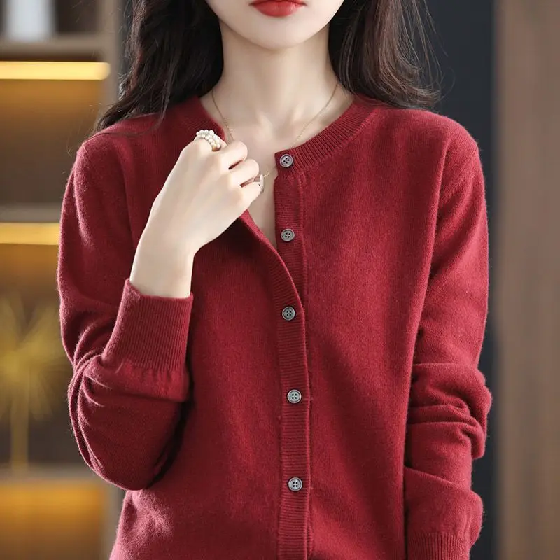 Spring Autumn New O-neck Ladies Cardigan All-match Temperament Loose Slim Sweater Knitting Women Clothes Solid Color Femme Coat