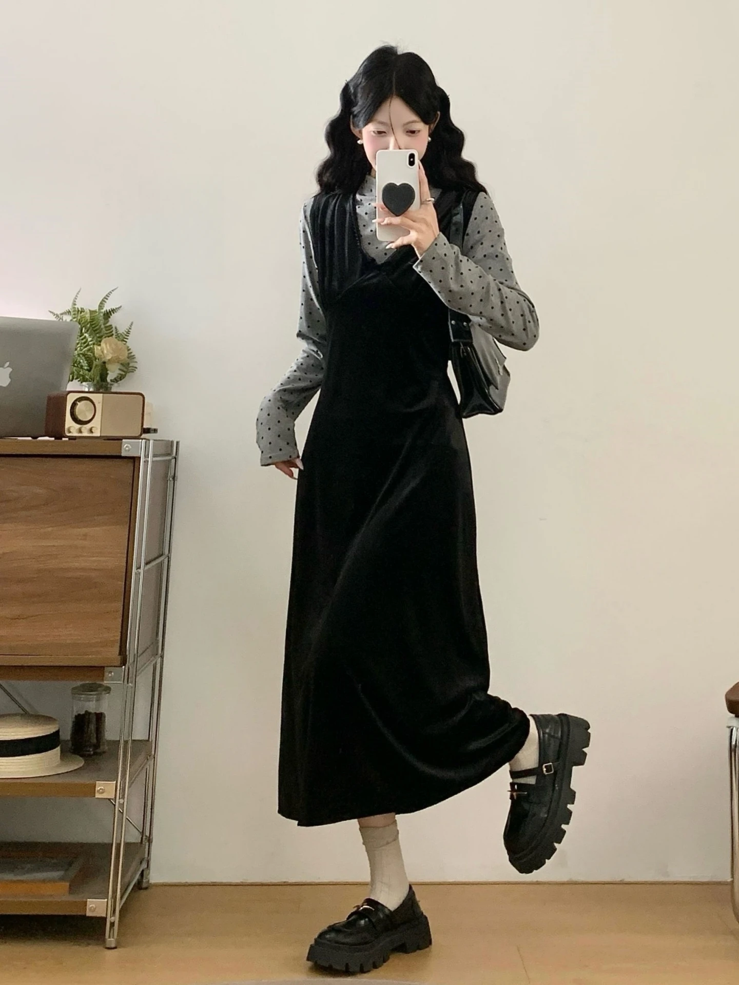 

Spring Autumn Velvet Dress Set Women plus Size Polka Dot Base Shirt Long Sleeve High Waist Commute Style Two Piece Suit