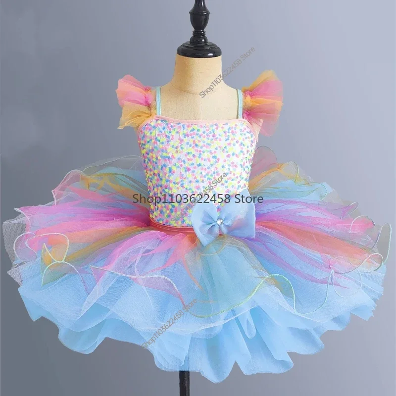 Children Ballroom Clothing Sequined Ballet Tutu Dress Girls Rainbow Color Modern Performance Clothing Wear Ballet Princess Dress