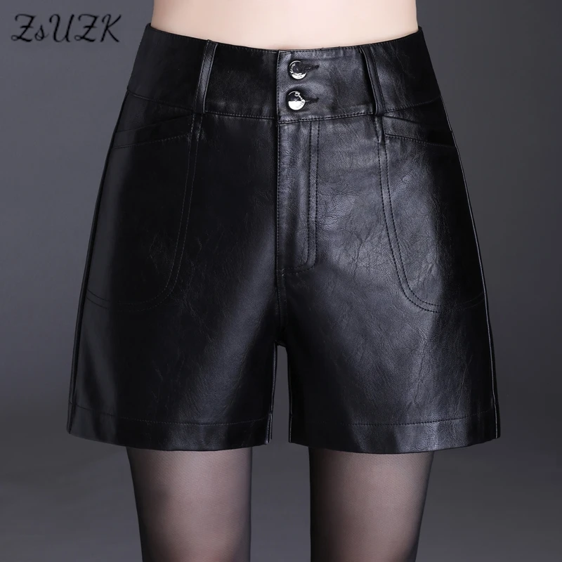 ZUZK Women Fashion PU Leather Shorts Autumn Winter Female High Waist Slim Streetwear Punk Motorcycle Lady's  Boot Shorts