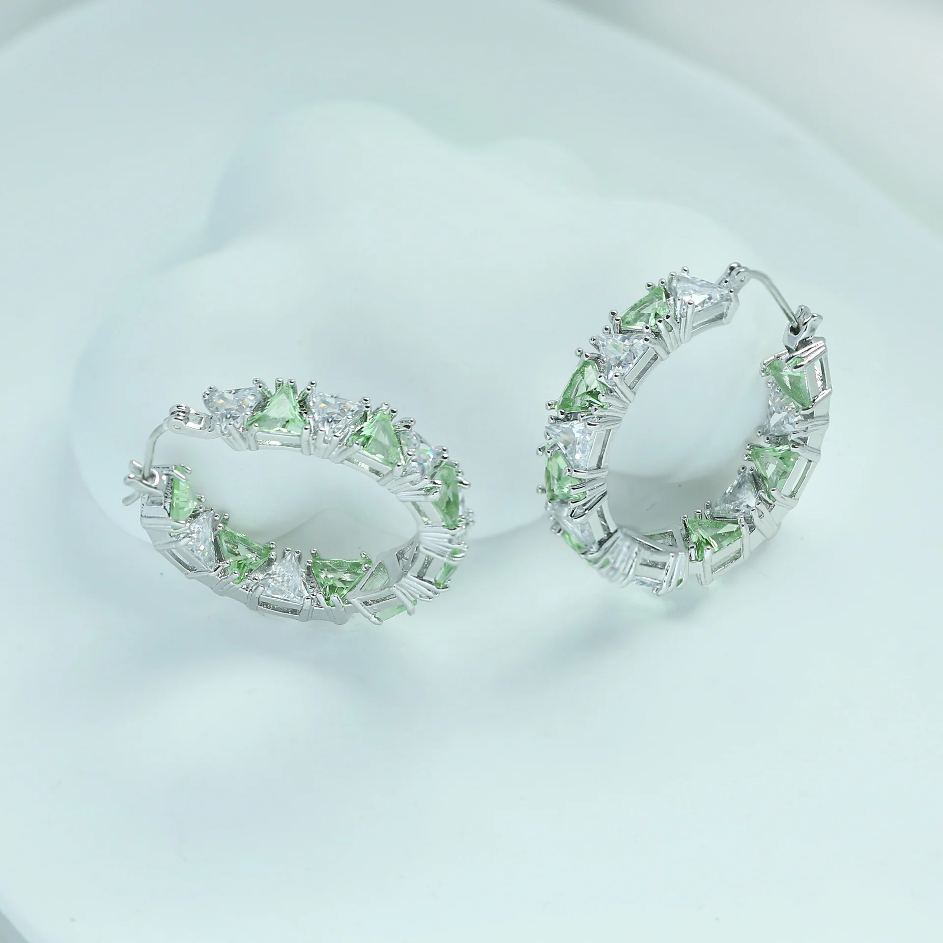 

925 Silver Triangle Cut Hoop Earrings, Mint Green Peridot CZ Huggie, Statement Party Jewelry
