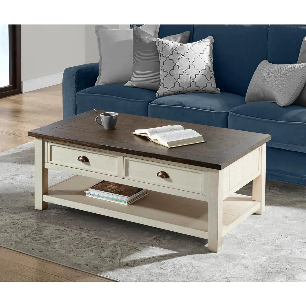 Table basse en bois massif, blanc crème, dessus marron