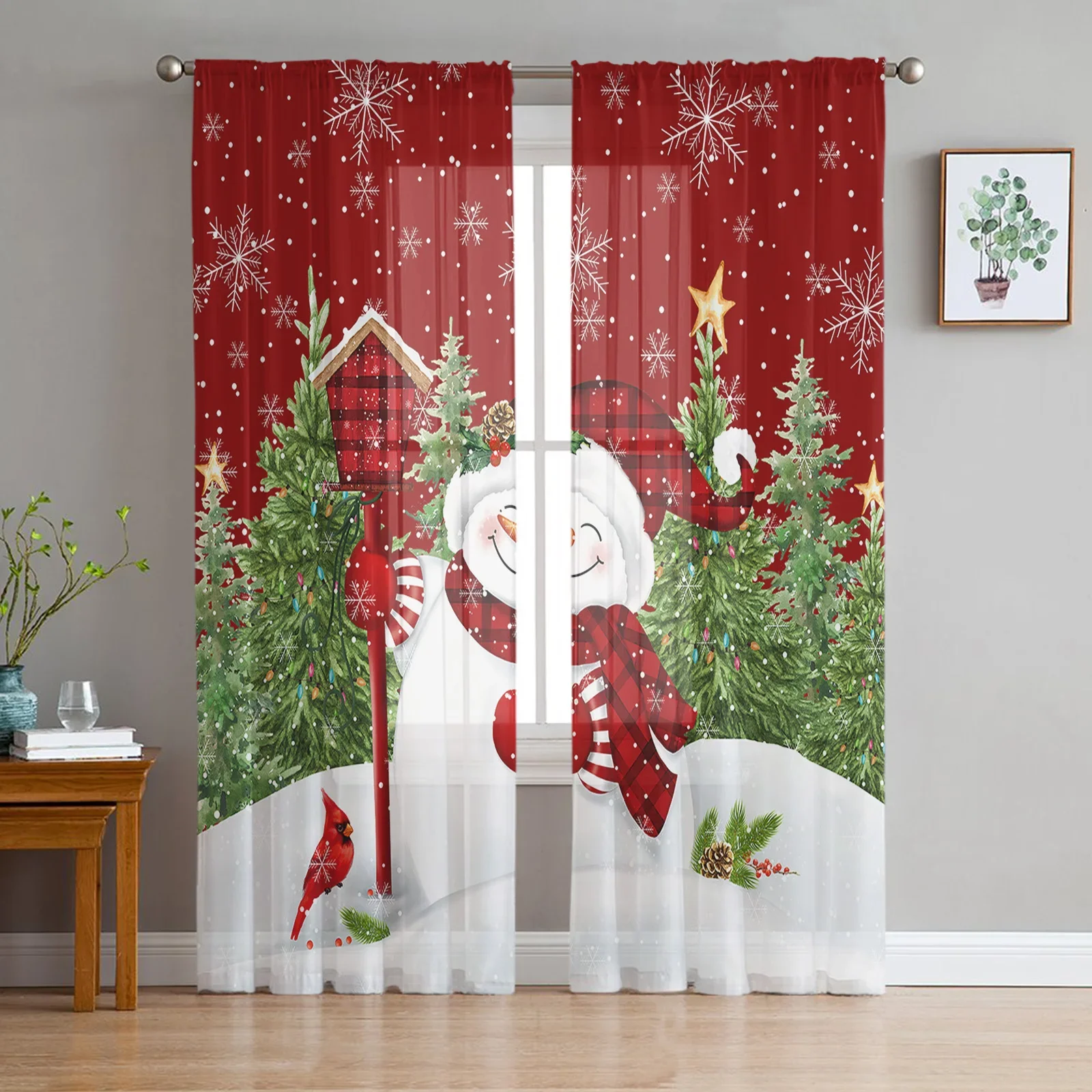 Christmas Snowman Christmas Tree Robin Red Sheer Curtains Bedroom Living Room Decoration Kitchen Tulle Voile Window Curtain