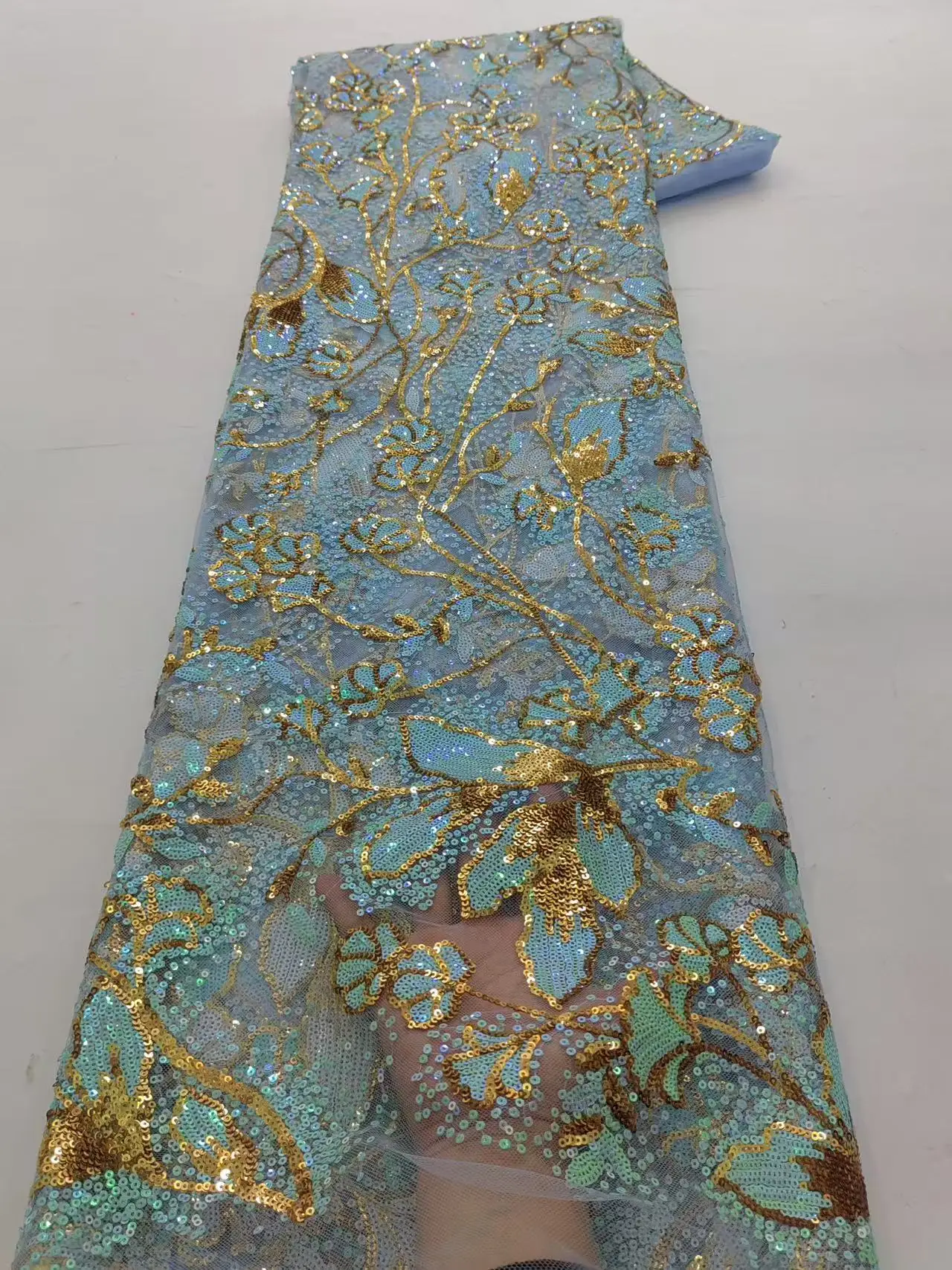 

В 2025 году блестки с градиентом синего и зеленого цвета размещают золотую нитью и кружевную ткань с цветочным принтом используется в королевских свадебных платьях.