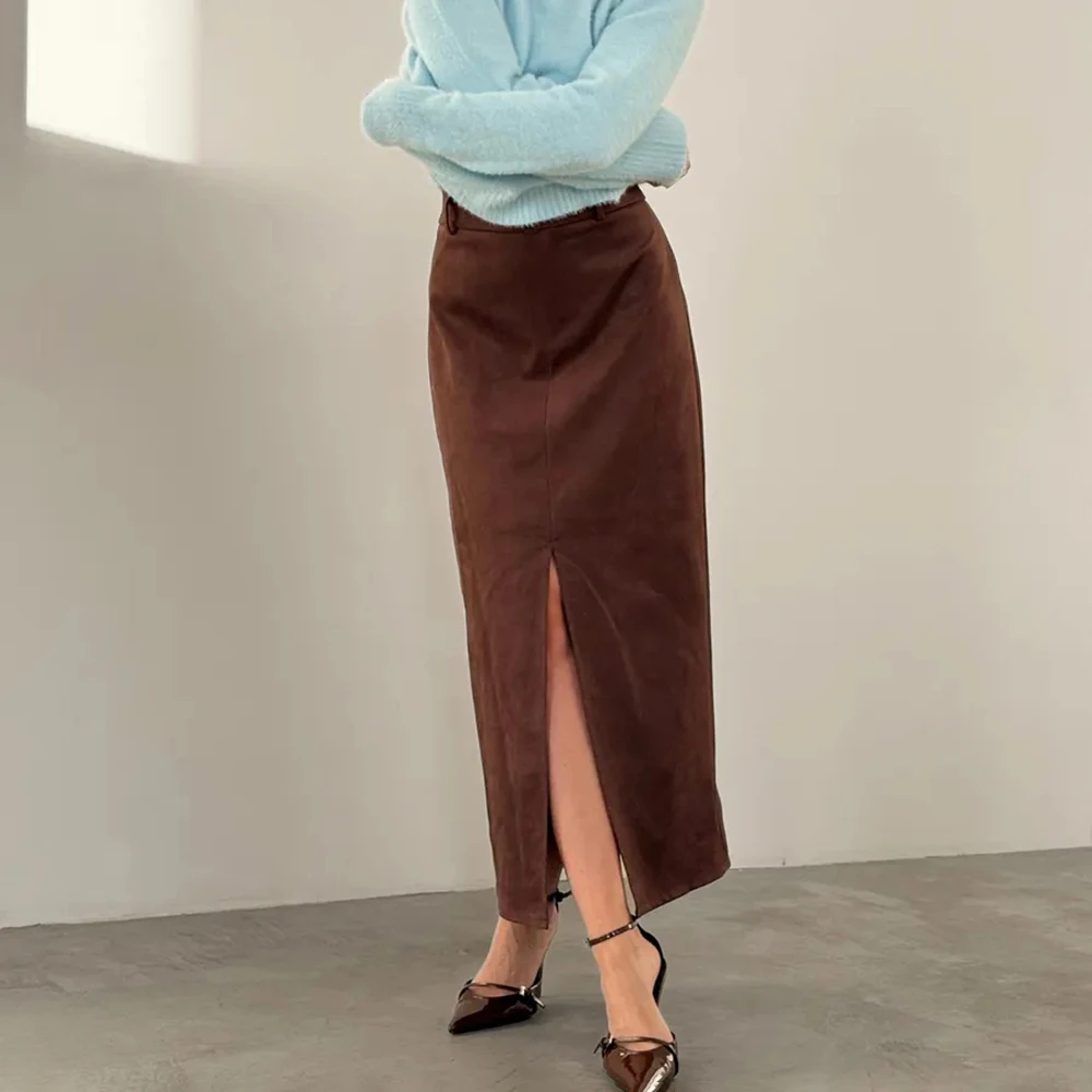 

Tuularose Vintage Brown Maxi Skirts Fashion High-Waisted Slit Fitted Luxury Skirts Autumn New Elegant Office Lady Women's Skirts