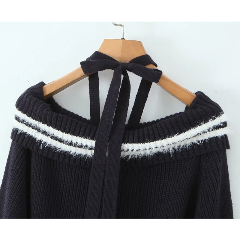 YENKYE Sexy Off Shoulder Halter Knit Pullover Women Autumn Winter Long Sleeve Sweaters