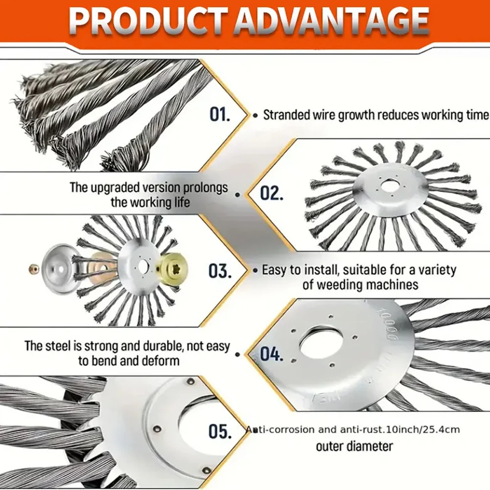 10inch Knot Steel Wire Grass Trimmer Head Removal Rust Derusting Weeding Wheel Weed Brush Cutter Head Garden Tool Accessories