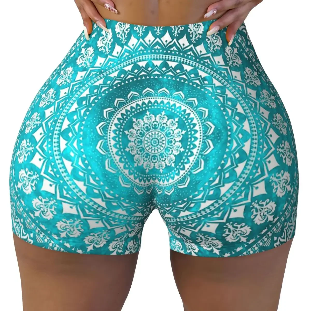 Custom Mandala Turquoise Yoga Shorts Women Gym Workout Running Athletic Volleyball Biker Shorts