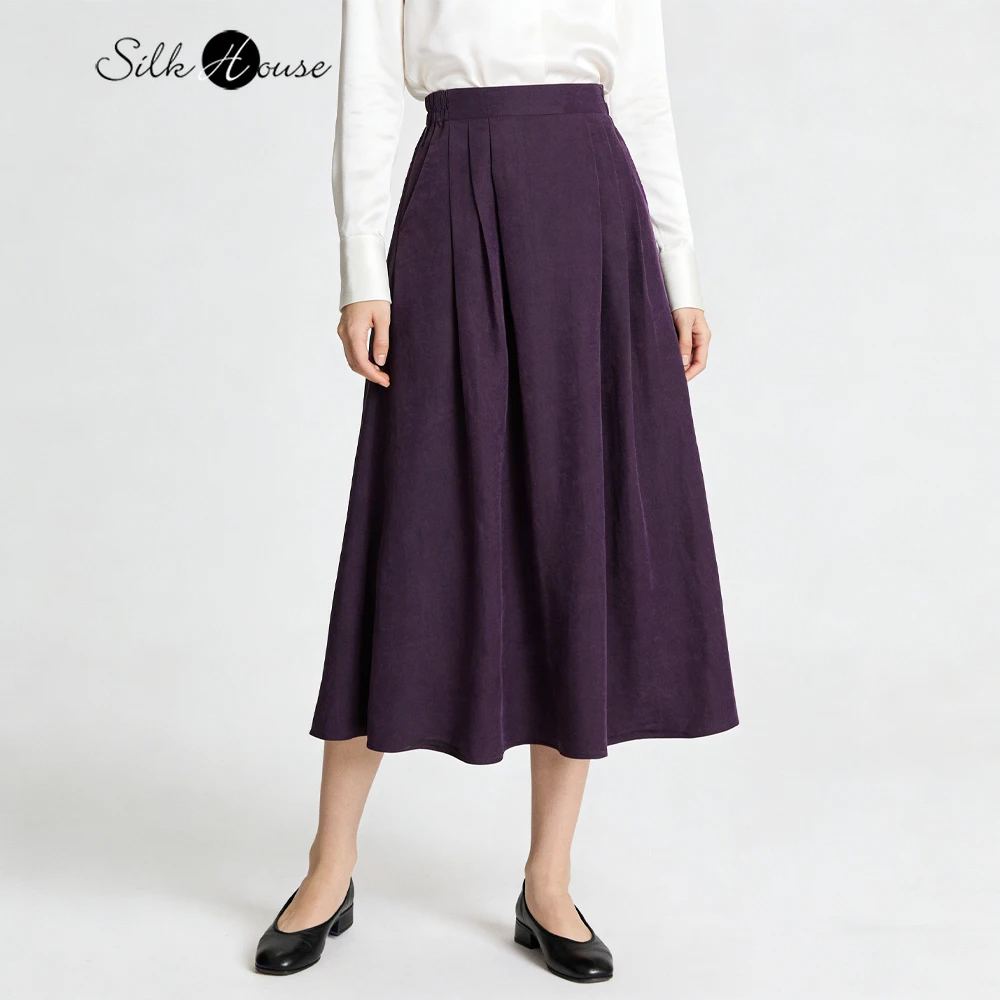 Women's Fashion New Purple Heavy 100% Natural Mulberry Silk Gambiered Guangdong Gauze Crackle Pattern Large Swing A-line Skirt
