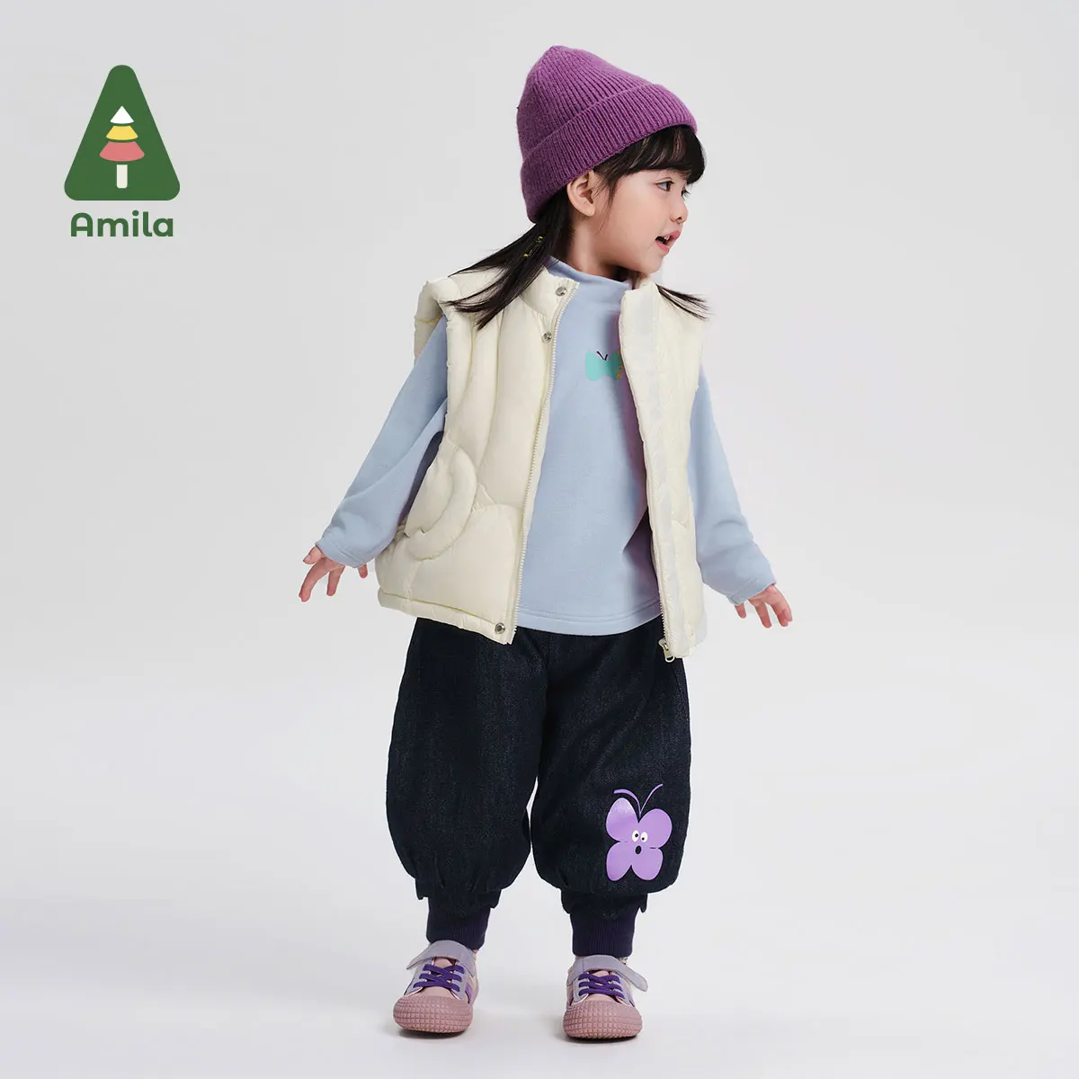 Amila Baby Jeans 2024 Winter New High Quality Girls Solid Color Cartoon Soft Warm Plus Velvet Casual Loose Children‘s Trousers