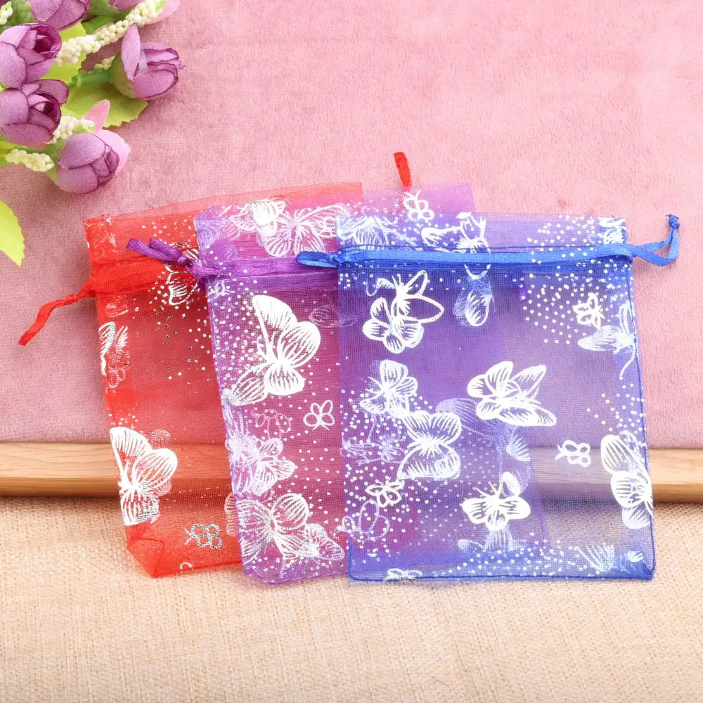 50 sztuk/partia 12 kolorów motyl torba na biżuterię Organza torba na prezenty 7x9cm 9x12cm 13x18cm torba na cukierki pakowanie biżuterii torby ze sznurkiem