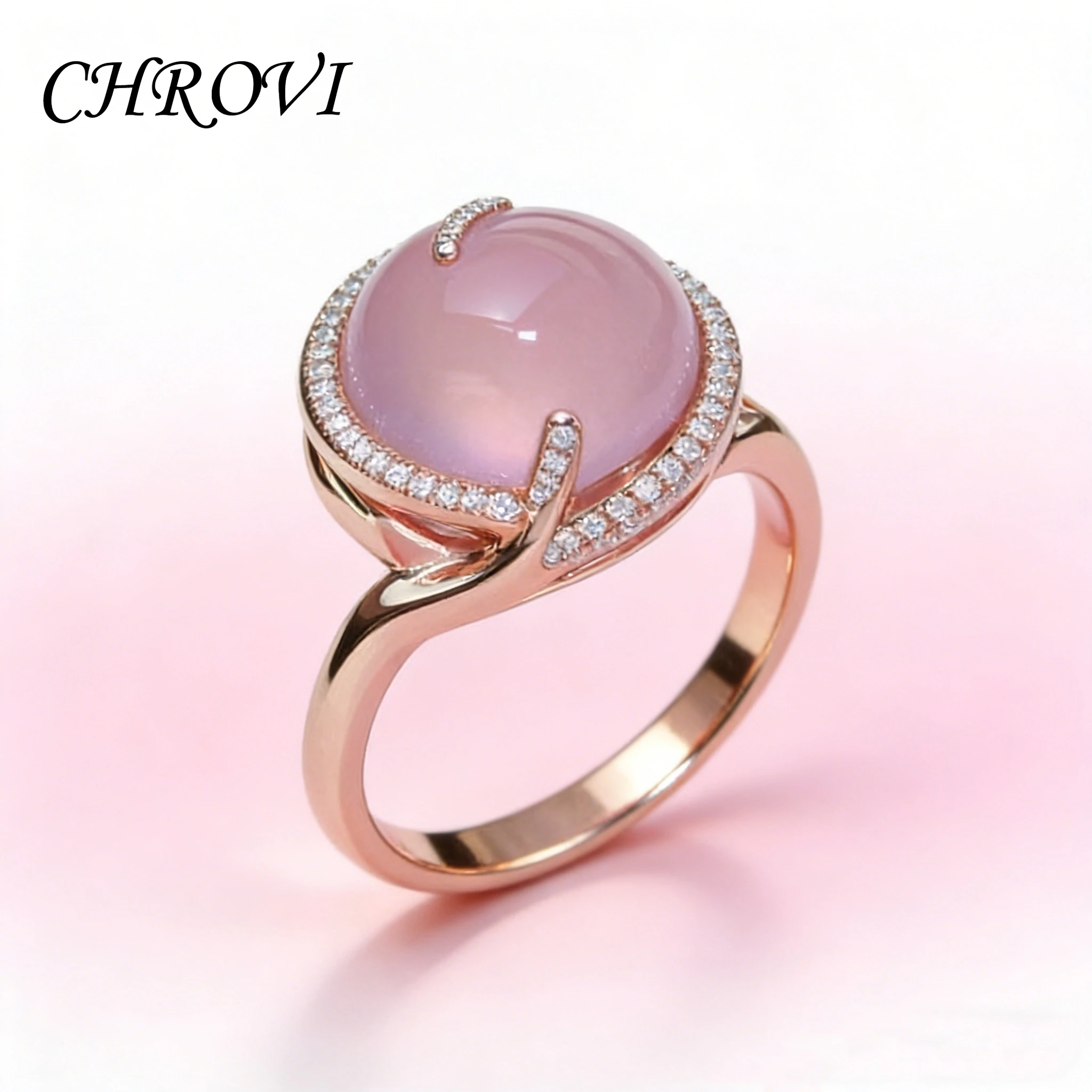 925 pure silver new model best-selling pink crystal moonstone set with diamonds ring, creative 14k rose gold ring