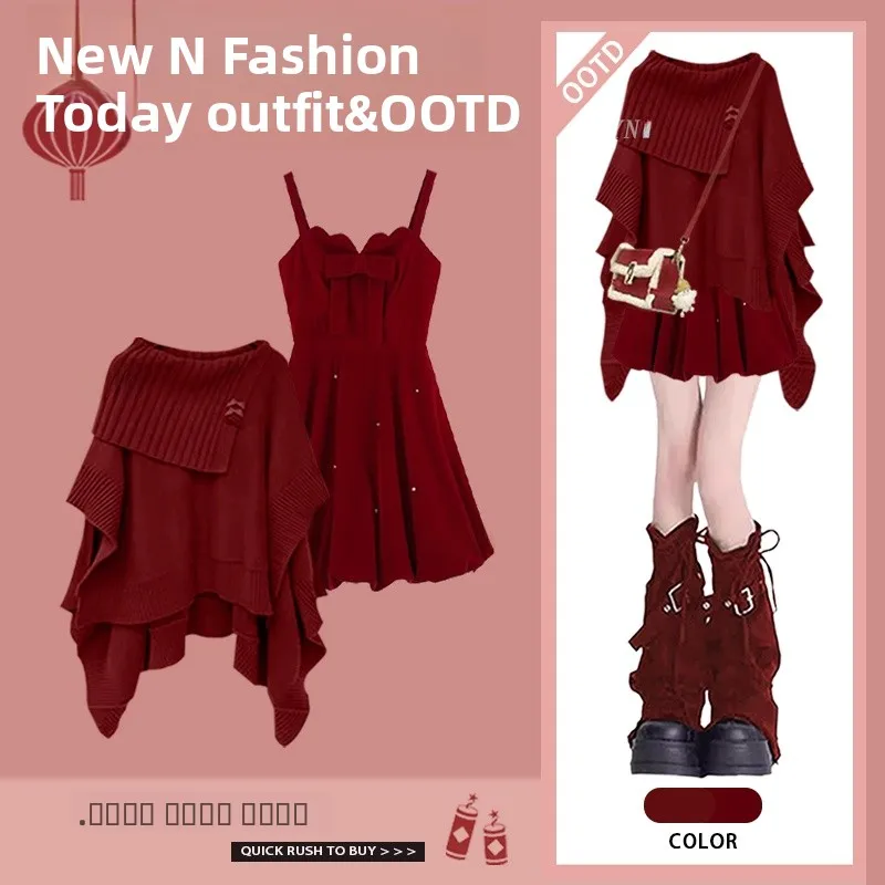 

Sweet Knitted Sweater And Dress Set for Women New Year Red Slimming Style Winter Fashion Ensemble Long Sleeve Student Work Un...