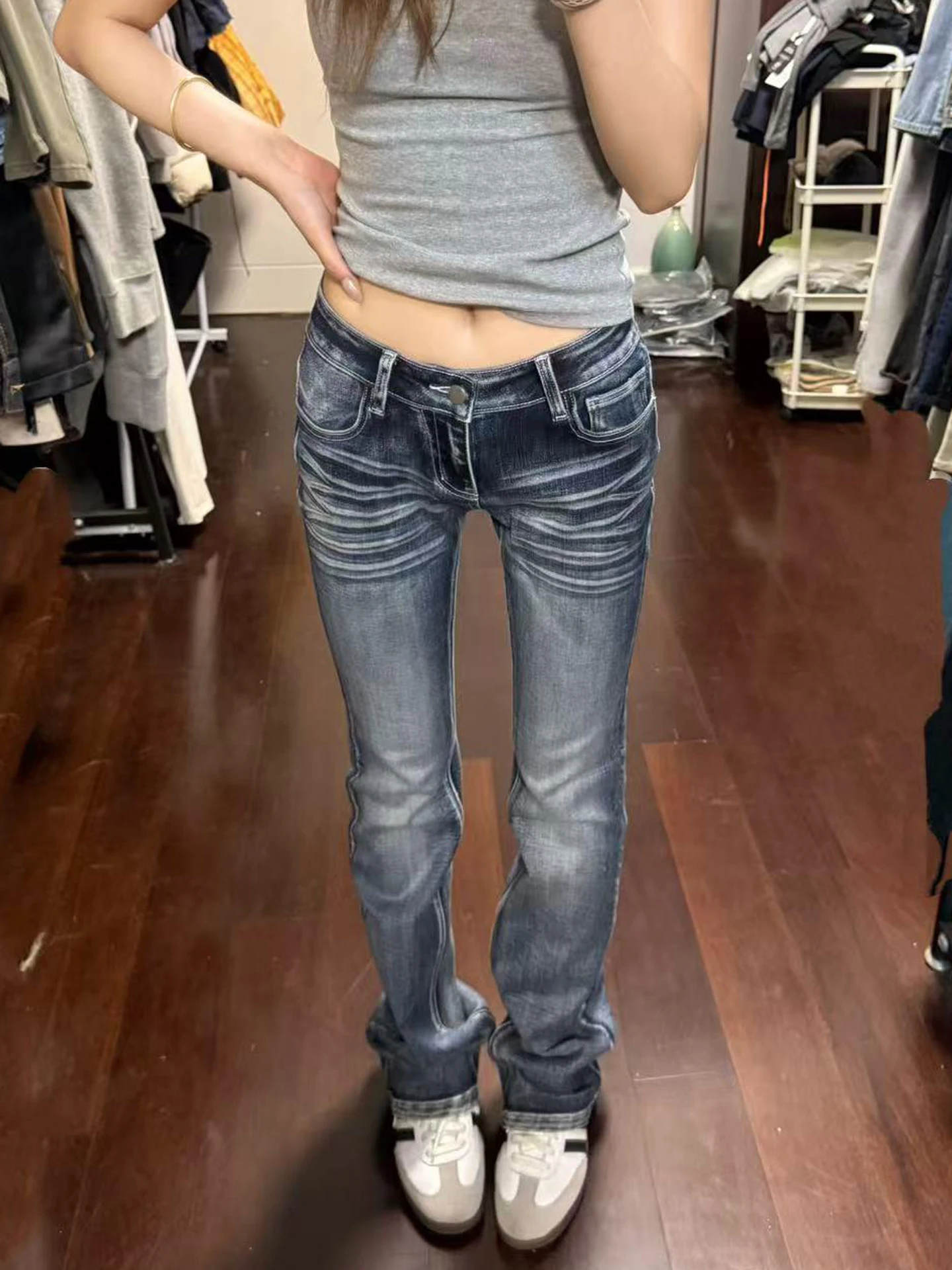 

Расклешенные джинсы с низкой талией, женские весенне-осенние новые брюки с эластичной резинкой до щиколотки, облегающие повседневные джинсы для женщин