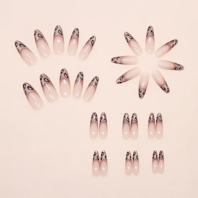 24 個フレンチキャットアイヒョウ柄プレスオンネイルシンプルなショートネイルフルカバーウェアラブル付け爪