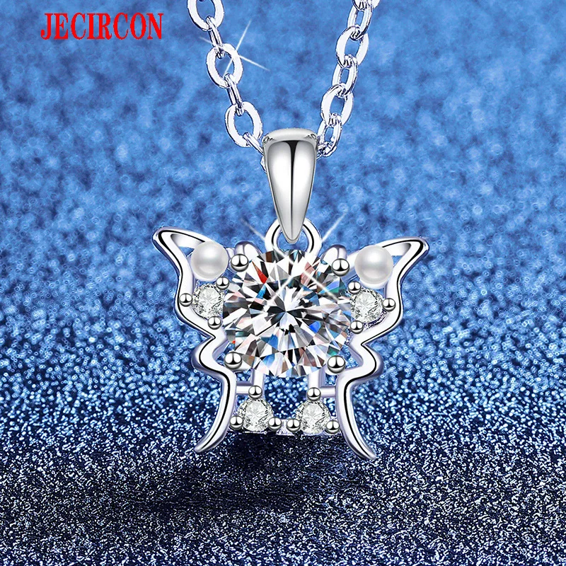 

JECIRCON S925 Sterling Silver Butterfly Necklace for Women, 1CT Moissanite Pendant with Pearl Accents, Affordable Fine Jewelry