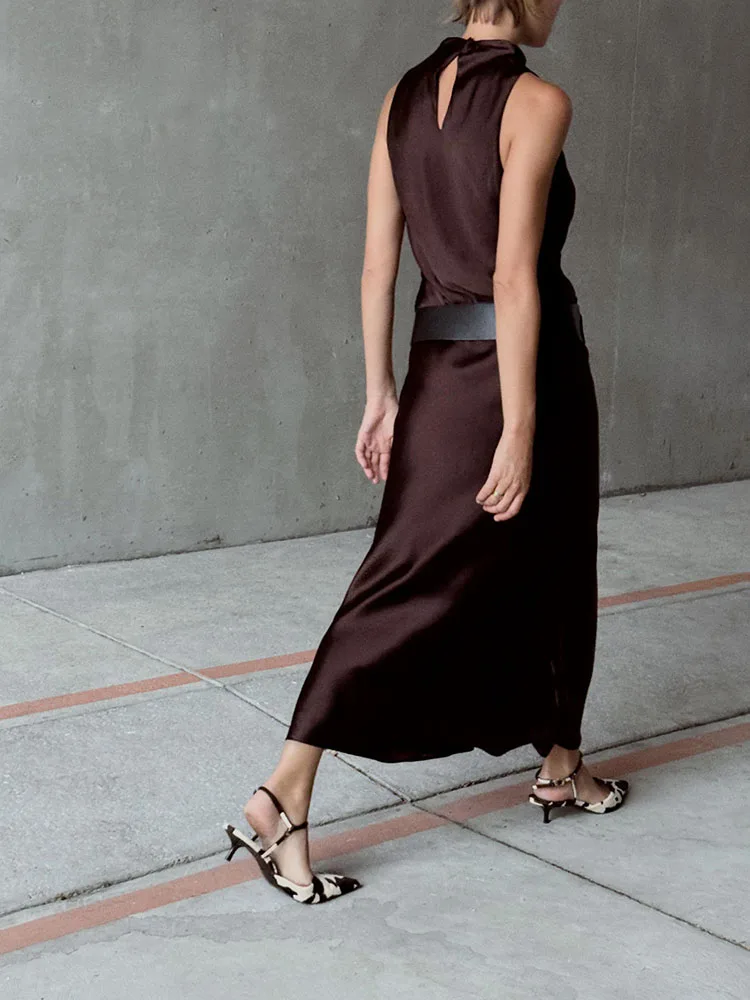 High-End Zijde Satijn Textuur Midi Dr Nieuwe Collectie Dames Faion Herfst Seizoen Kleur Hoge Taille Ronde Neline Sve...