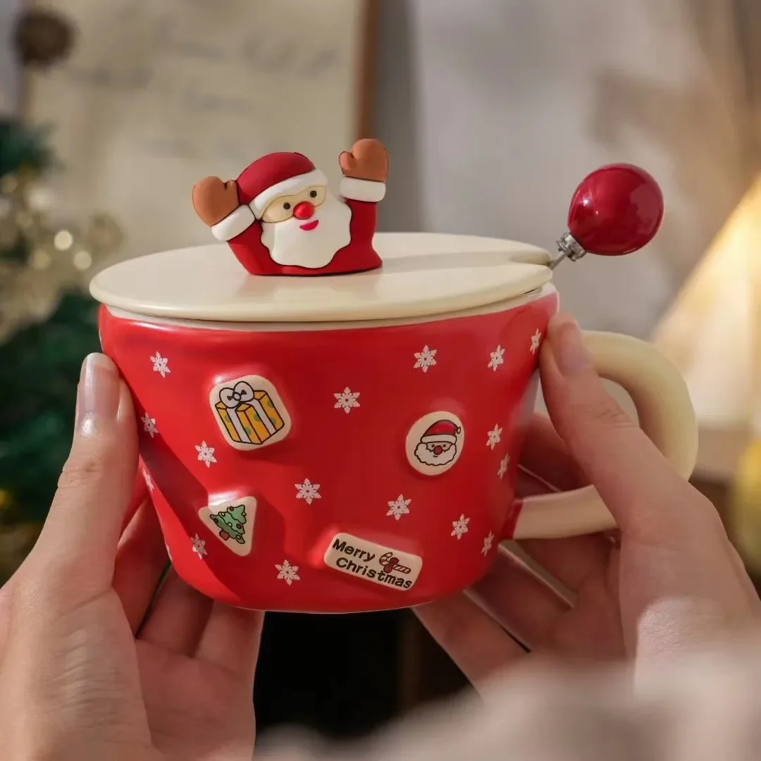 Creative Red and Green Santa Claus Ceramic Coffee Cup Home Breakfast Milk Tea Cup Cartoon Cute Snowman Mug with Lid Office Mug