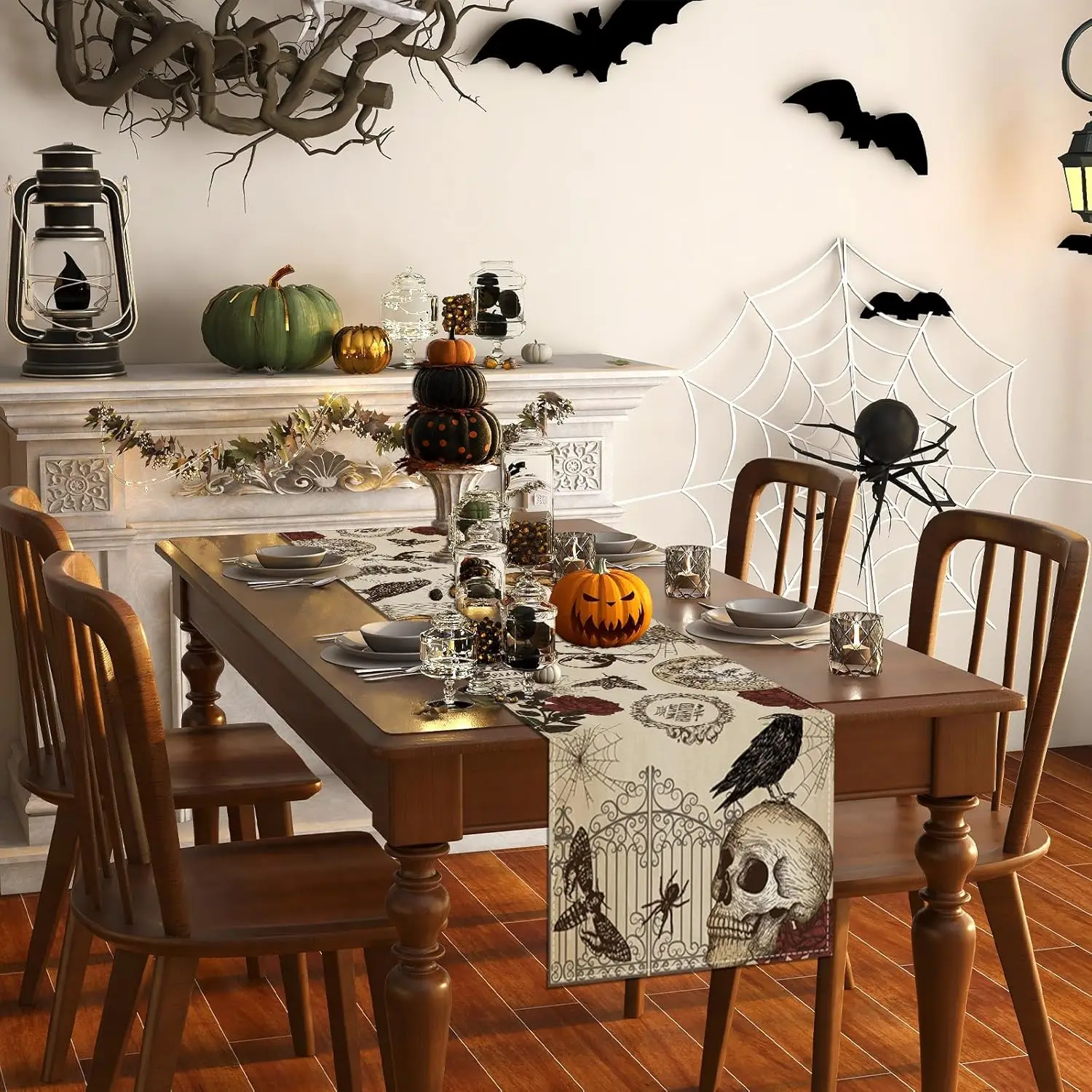 Halloween Gothic Roses Skull Linen Table Runner Holiday Party Decor Reusable Kitchen Dining Table Runner Halloween Decorations