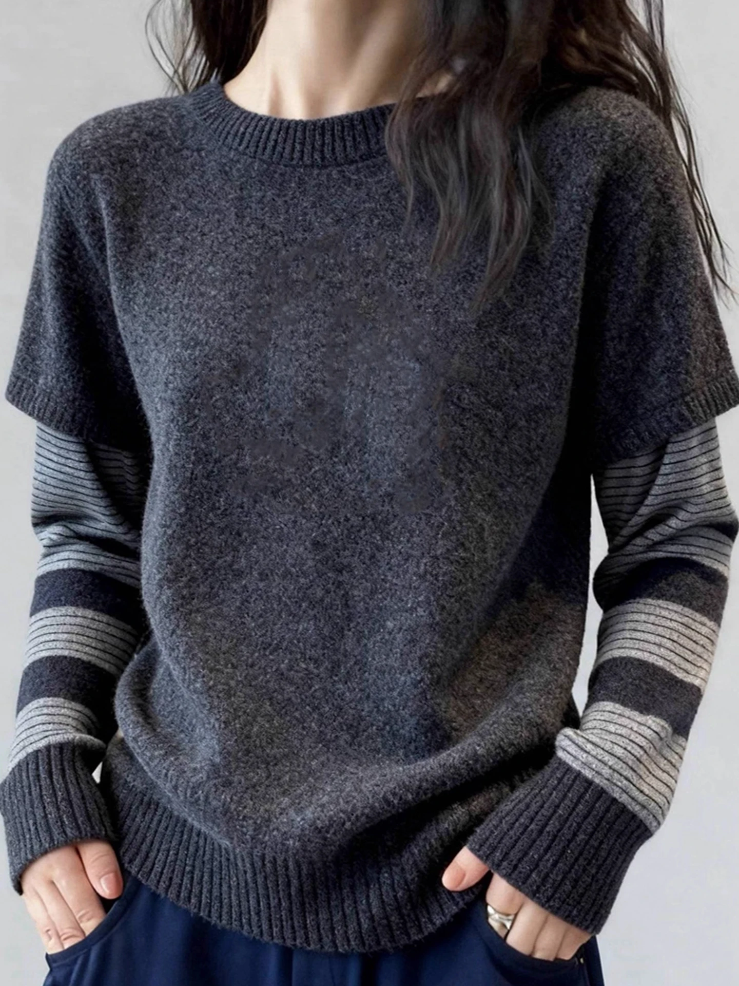 الكورية Sle جولة Ne سترة وهمية قطعتين طويلة Sve المرأة بسيطة التخسيس تخفيف الشتاء محبوك أعلى irt