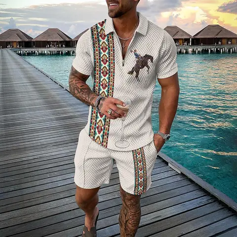 Vintage herrkostym med dragkedja, pikétröja med shorts och byxor, tvådelat set, kokosnötsträd, djurmotiv, 3D-tryck, casual herrträningsoverall, 2-delat set 10 best sales polotröja - №10