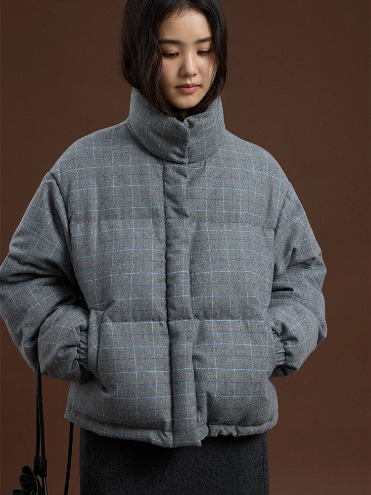 Winter women's casual solid color retro plaid warm bread down jacket
