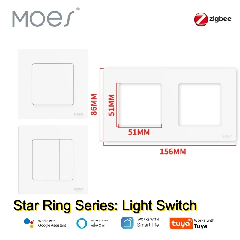 

Умный кнопочный выключатель MOES Star Ring Tuya Smart ZigBee3.0, 1/2/3-клавишный, серия Smart Click, стандарт ЕС