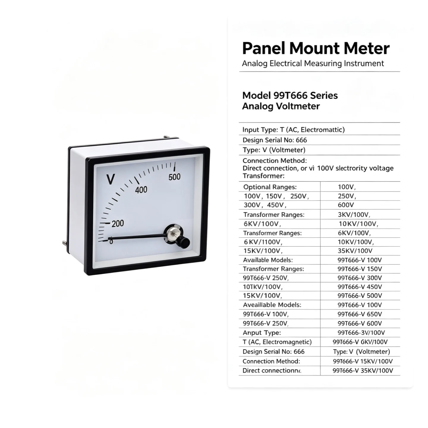 99t666 Series Analog Voltmeter Ac Electromagnetic 100V600Vdirect3Kv35Kv Pt Panel Voltage Meter Type 666 Hv Switchgear Substation