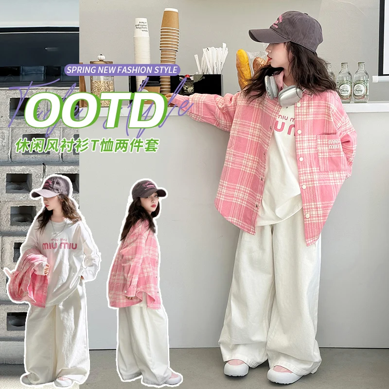 Girls thick plaid shirt breathable cotton girls going to school t-shirt two-piece set