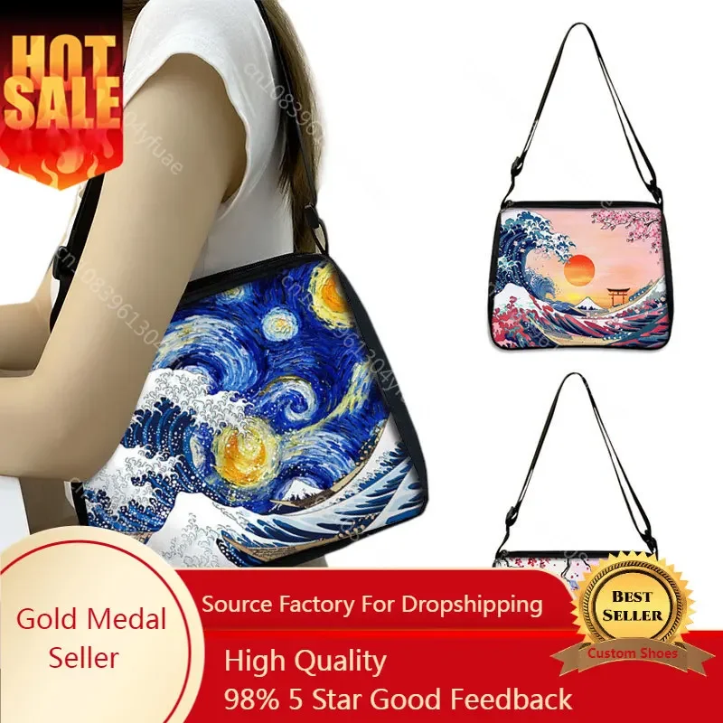 Japanese Big Wave Starry Night Handbag Harajuku Mount Fuji Cherry Blossoms Shoulder Bags Women Casual Tote Bag Small Clutch