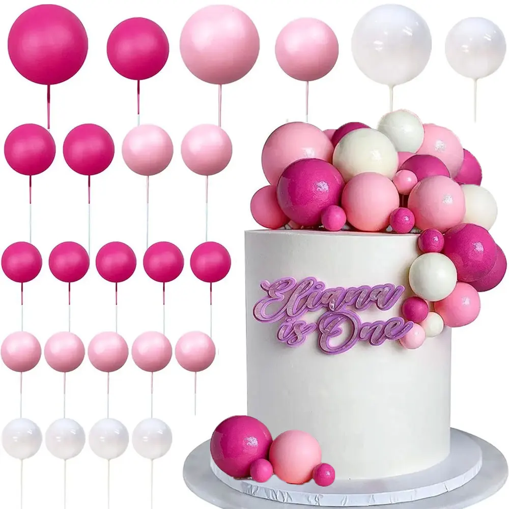 30Pcs Hot Pink Balls Cake Toppers 2-4cm Metal Gold White Baby Pink Cake Balls Toppers for Birthday Baby Shower Cake Decorations