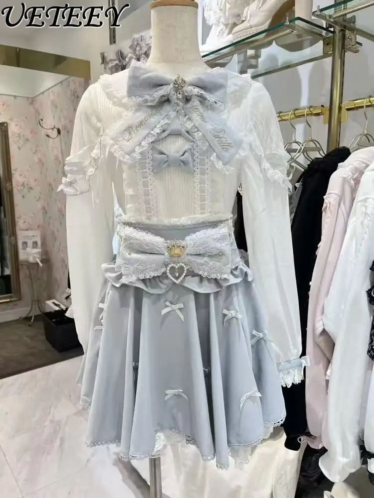 日本の長袖甘くてかわいいレースの弓セーラースーツショートセーターカーディガンコート女性ハイウエストファッションショートリズスカート