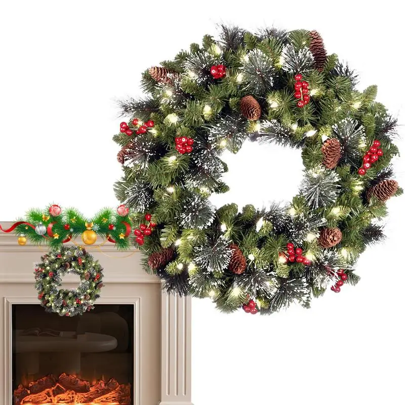 Christmas Wreath With Lights Pine Cone Red Berry Cluster Front Door Decorations Winter Wreaths Light Up Winter Garlands For Door