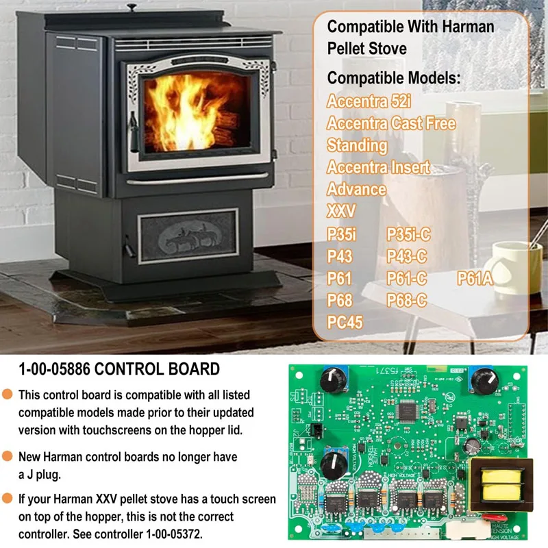 Placa de circuito de controle Fit para Harman, Pellet Stove, Accentra 52i, Acnoa-Cast, Accentra Insert, Avanço, Avanço 2, 1-00-05886