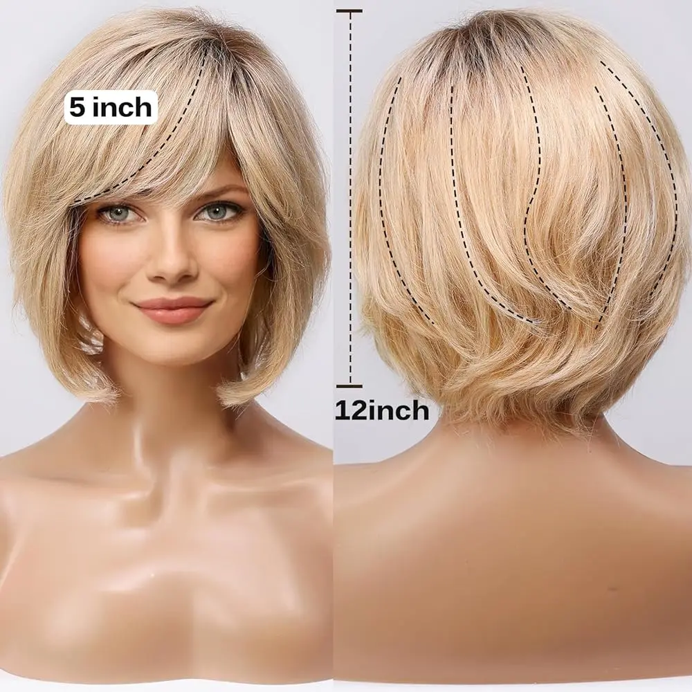 Human Hair Wigs Short HD Lace Front Wigs for Women Blonde Golden Natural Wavy Bob Wigs with Bangs Remy Human Hair Glueless Wigs