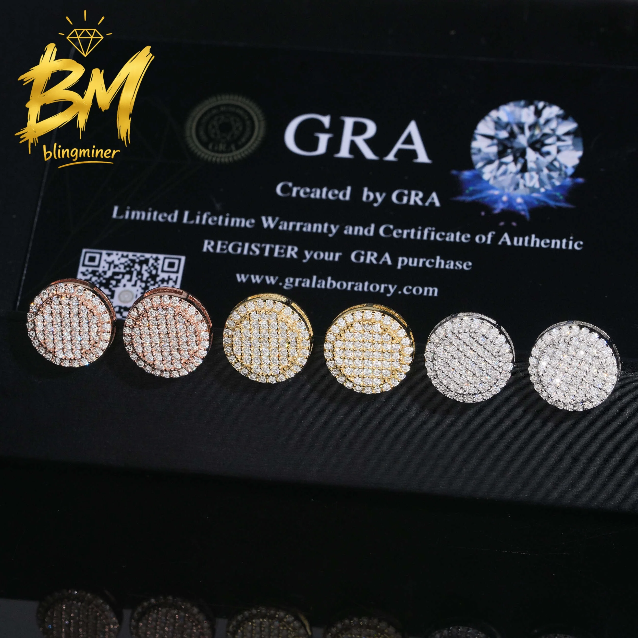 Blingminer 12mm Round VVS Moissanite Earrings For Men Women S925 Silver Ear Studs Jewelry Pass Diamonds Tester GRA Free Shipping
