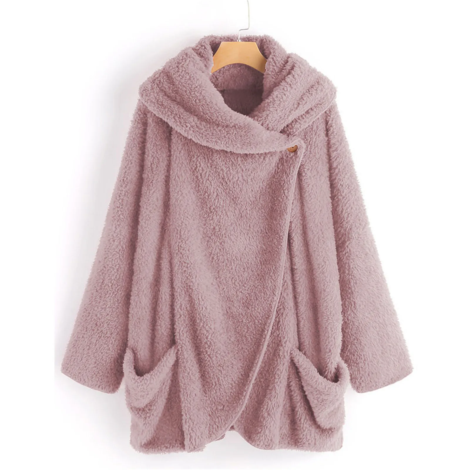 Homewear Plush Pullovers Women Solid Color Oversize Loose Casual Long Sleeve Pocket One Button Shawl Warm Fleece Cardigan Jacket